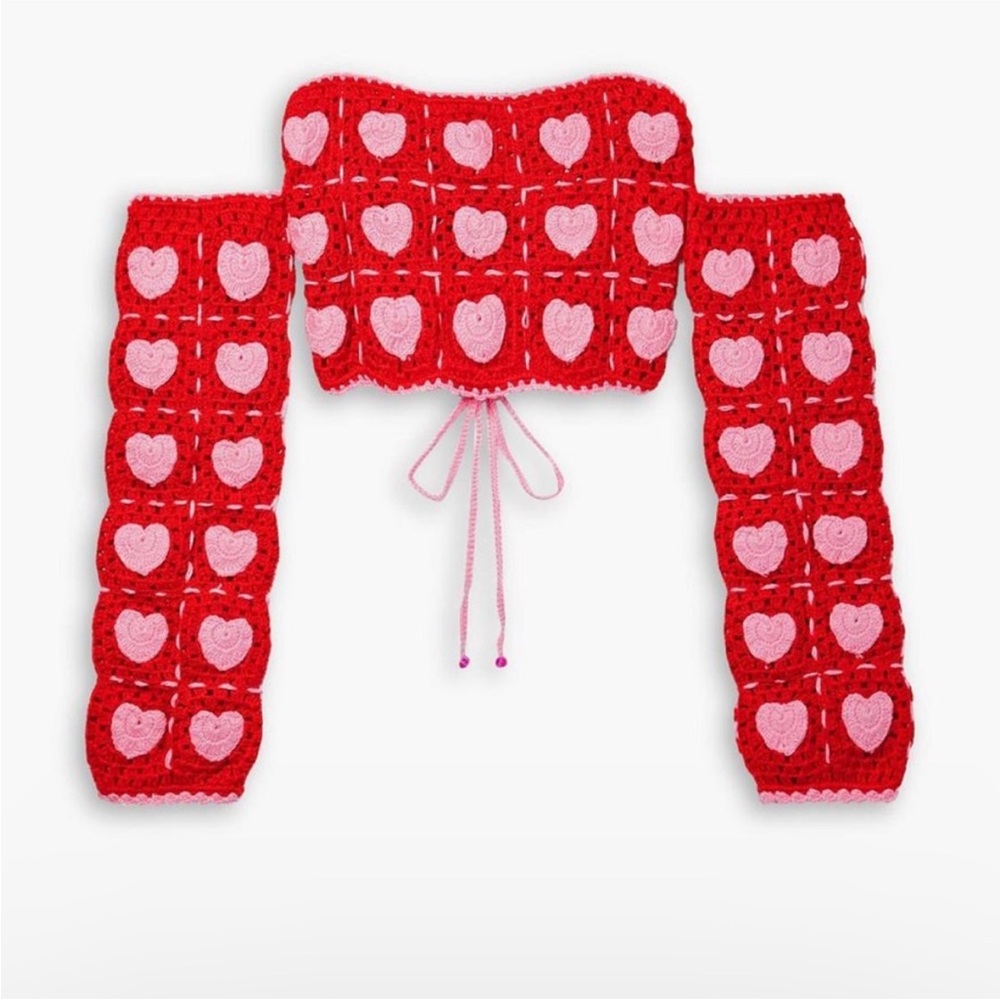 Alix Pinho Heart Patterned Red and Pink Crochet Crop Top NWT L